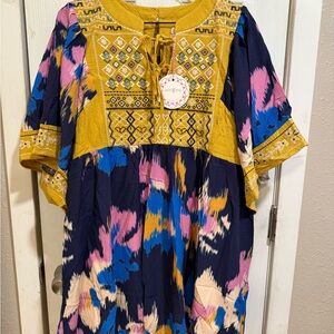 Umgee Navy Mustard Pink Blue Boho Embroidered Midi Dress